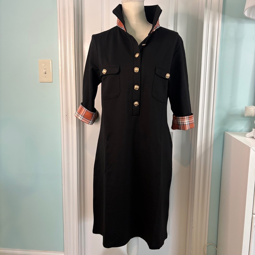 Holly Shae Design Black Plaid Trim Gold Button Shift Dress NWT size S/M
